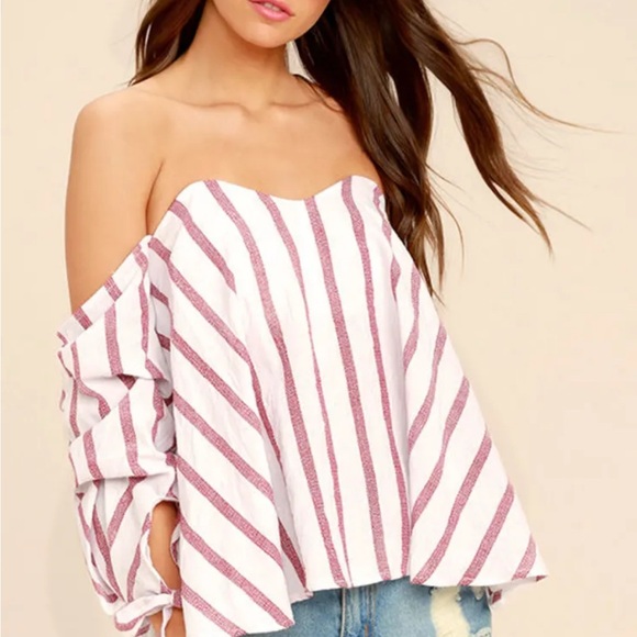 Lulus Pin Stripe Off-Shoulder Women's Top - Picture 1 of 4